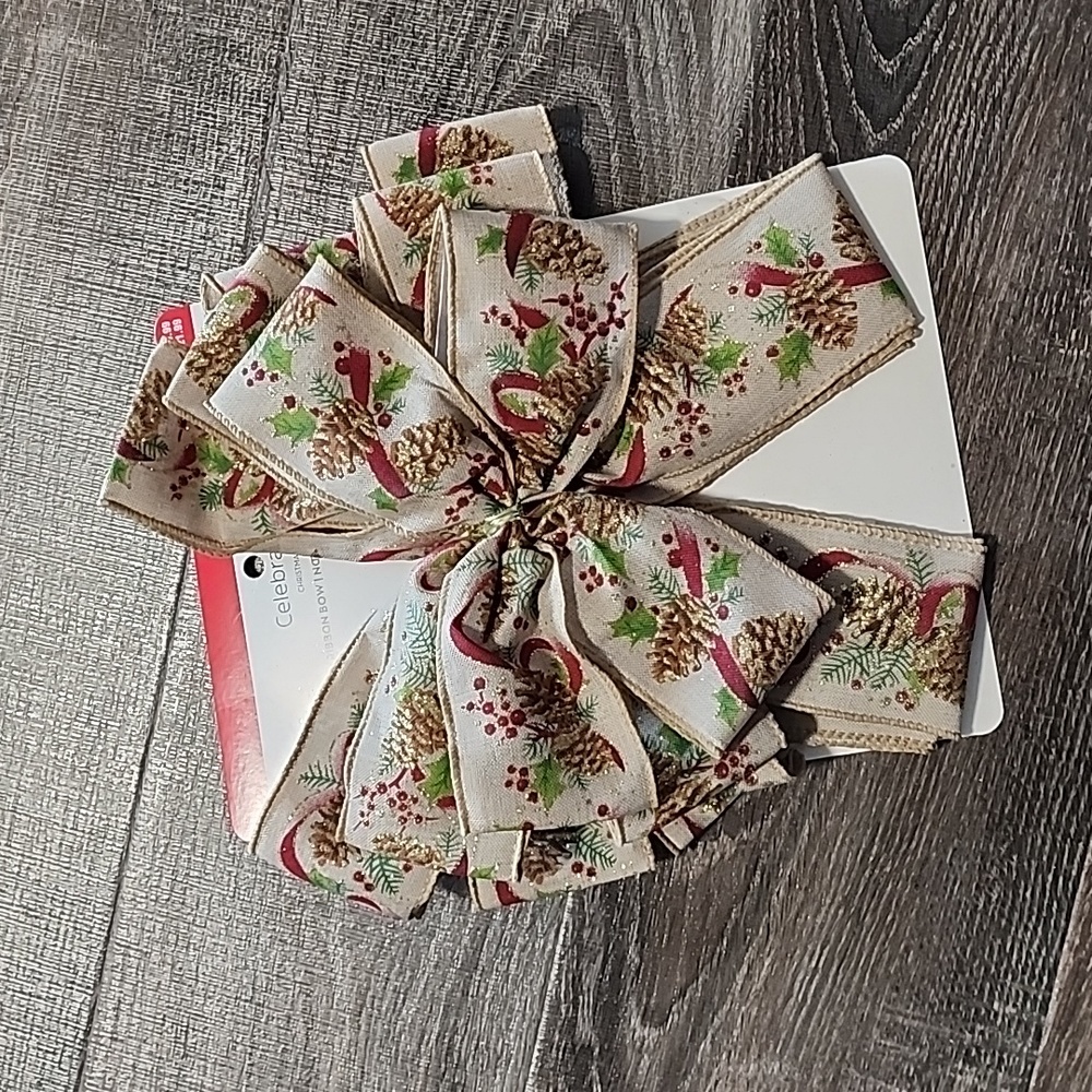 Celebrate It pinecone print, wired ribbon Bow